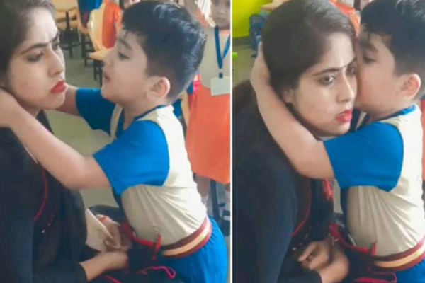 உன்கிட்ட பேச மாட்டேன்…! கோபமாக இருந்த ஆசிரியை…. முத்தம் கொடுத்து சமாதானப்படுத்திய சிறுவன்…. கியூட் வீடியோ…!!!!