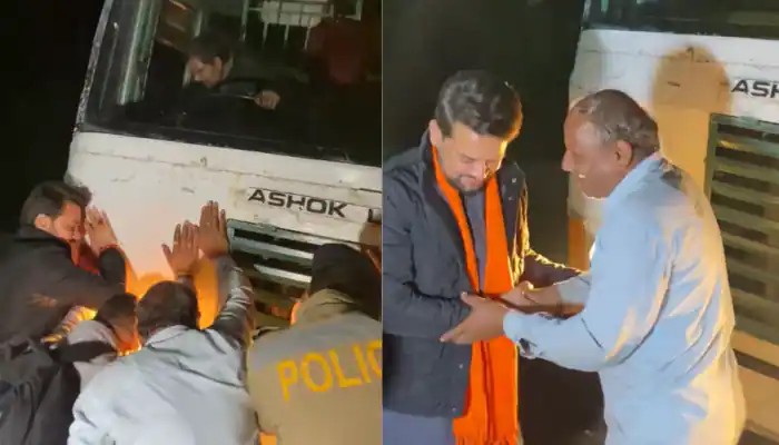 பழுதாகி நின்ற பஸ்…. ஓடோடி சென்று உதவிய அமைச்சர் அனுராக் தாக்கூர்…. வைரலாகும் வீடியோ….!!!!!