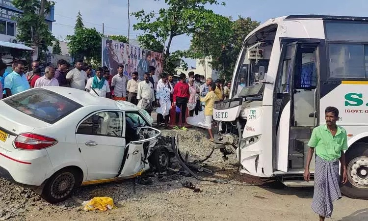 கார் மீது மோதிய அரசு பேருந்து…. மூதாட்டி பலி; 3 பேர் படுகாயம்…. கோர விபத்து…!!