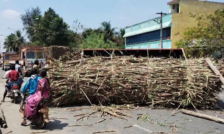 சாலையில் கவிழ்ந்த டிராக்டர்…. டிரைவரின் நிலை என்ன…? பாதிக்கப்பட்ட போக்குவரத்து…!!