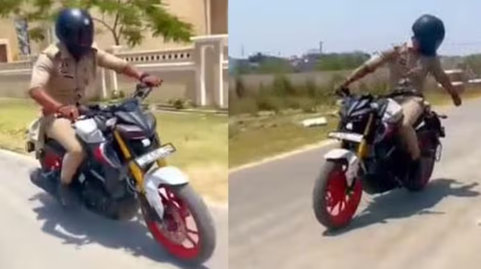 சீருடையுடன் பைக்கில் சாகசம்….. வெளியான காணொளி….. காவலர் பணியிடை நீக்கம்….!!