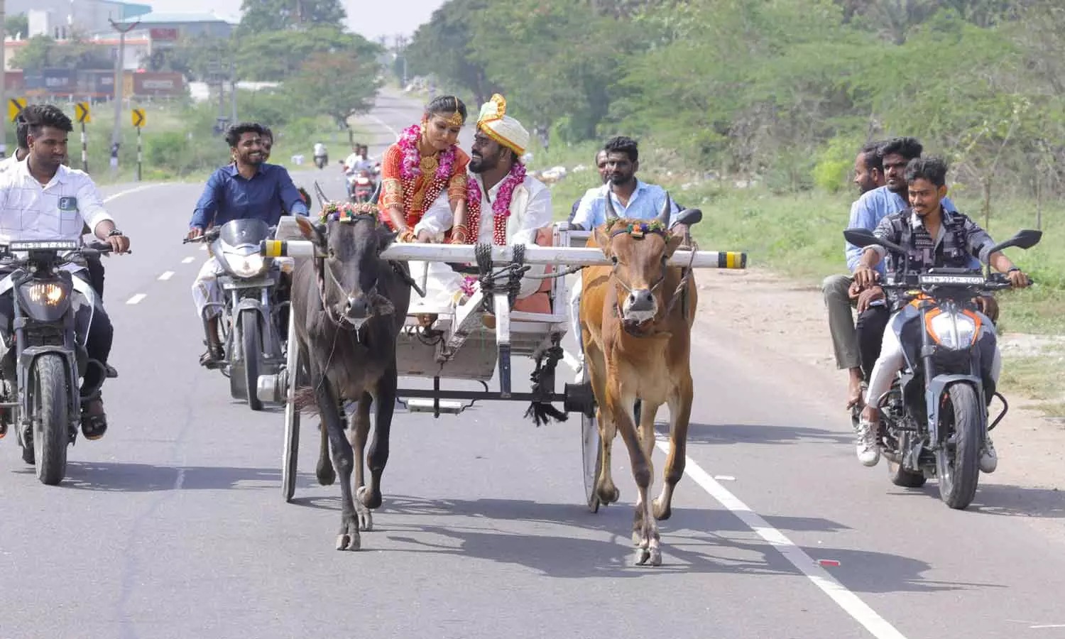 திருமண கோலத்தில் மாட்டுவண்டியில் வந்த புதுமண தம்பதி…. இணையத்தில் வைரலாகும் வீடியோ…!!