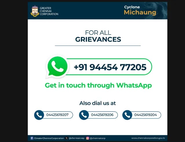பொதுமக்களே ஏதேனும் உதவி தேவையா…? வாட்ஸ்அப் எண் அறிவித்த சென்னை மாநகராட்சி…!!