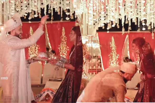 மணமேடையில் சட்டென மணப்பெண் காலில் விழுந்த மாப்பிள்ளை…. காரணம் என்ன தெரியுமா?…. வைரலாகும் வீடியோ…!!!
