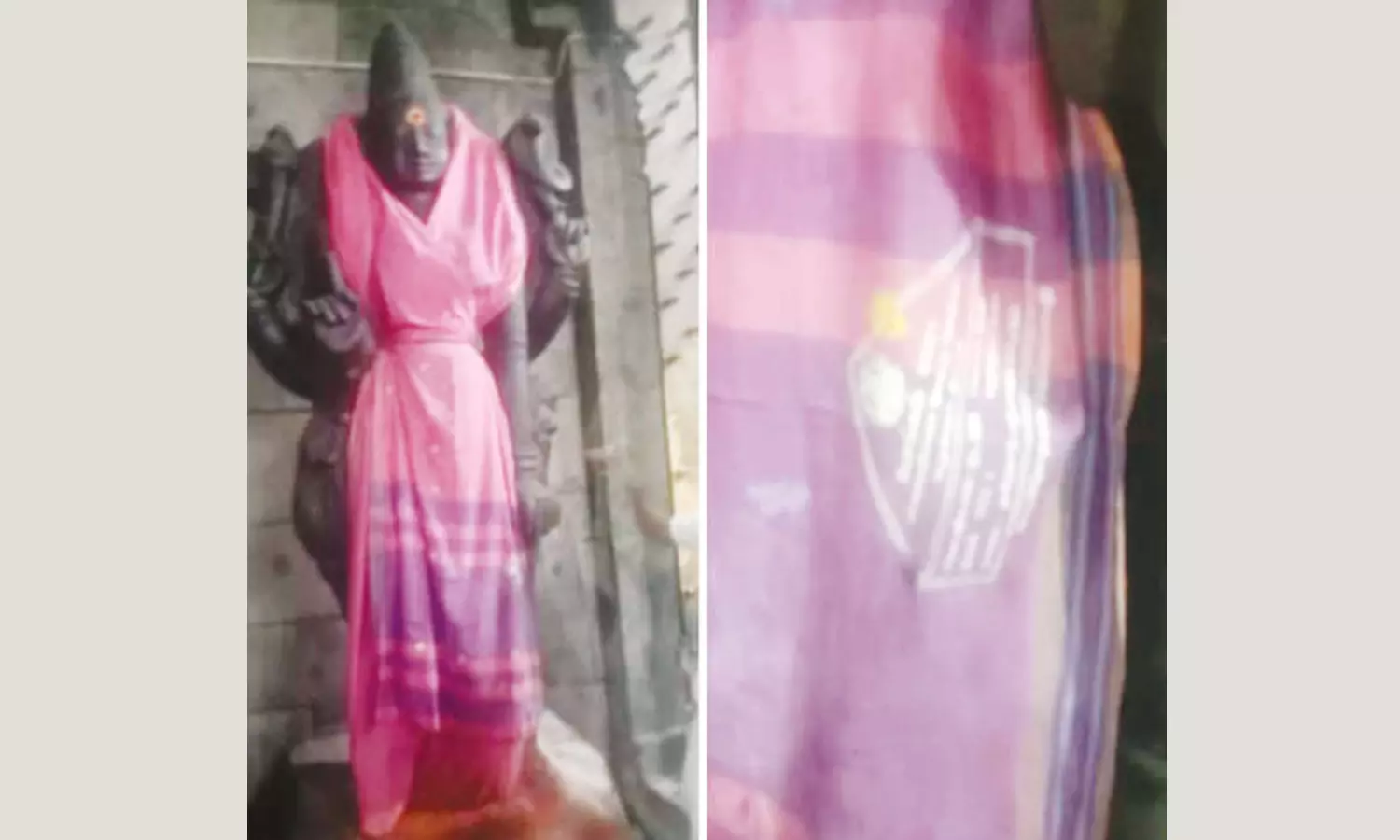 பிரசித்தி பெற்ற திருவண்ணாமலை கோவிலில்…..  அம்மனுக்கு ‌ரேஷன் சேலை…. வைரலாகும் புகைப்படம்….!!!