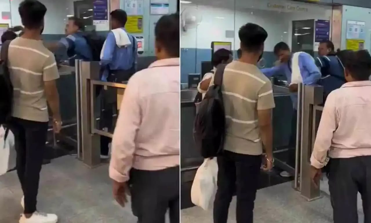 இந்த இடத்துல கூட சண்டையா…? மெட்ரோ டோக்கன் கவுண்டரில் அடிதடி… தடுக்க வந்தவருக்கு கன்னத்தில் “பளார்”….  வீடியோ வைரல்…!!!