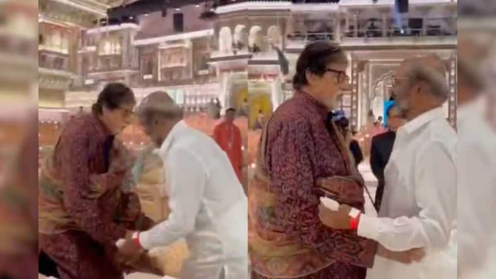 அம்பானி வீட்டு திருமணம்…. நடிகர் அமிதாபச்சனின் காலில் விழுந்த ரஜினிகாந்த்…. வைரலாகும் வீடியோ…!!!