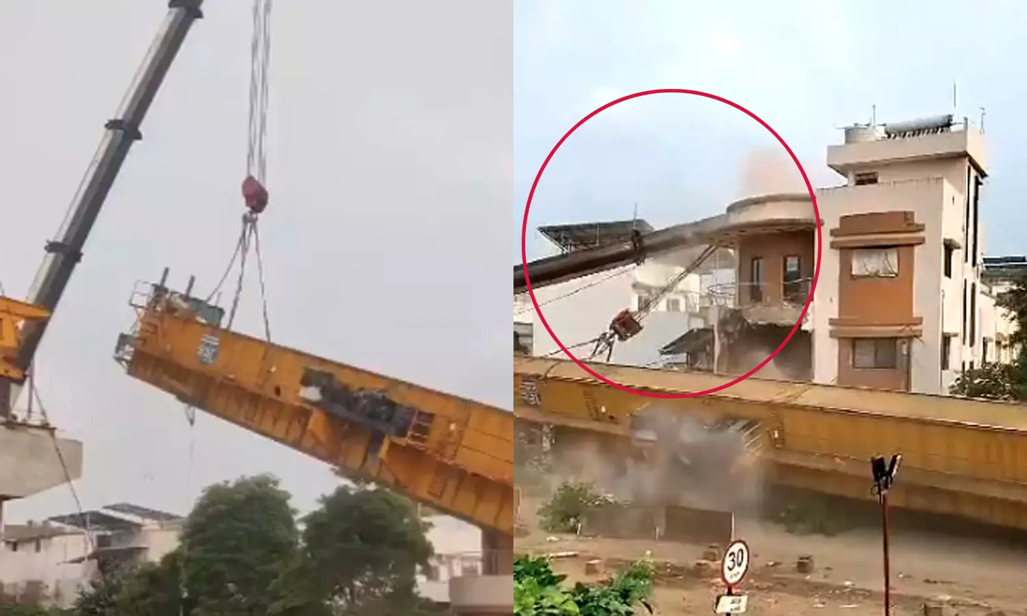 திடீரென கீழே விழுந்த ராட்சச கிரேன்…. மெட்ரோ பணியின் போது விபரீதம்…. அதிர்ச்சி வீடியோ…!!!