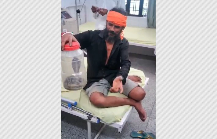 இந்தப் பாம்பு தான் என்ன கடிச்சுச்சு…. “ஆதாரத்துக்காக பாம்பையே டப்பாவில் பிடித்துக் கொண்டு வந்த நபர்”…. ஹாஸ்பிடலில் பகீர்…!!!