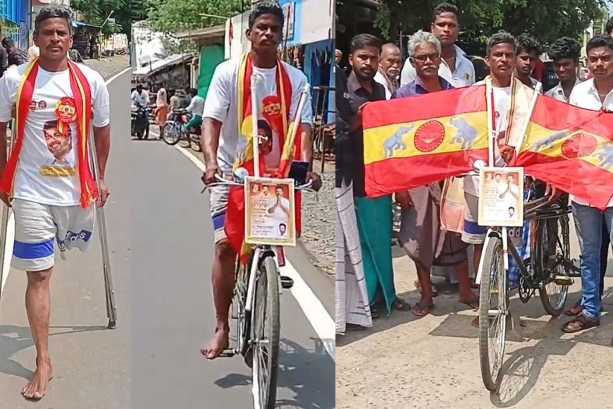 “ஒரு கால் இல்ல”… ஆனாலும் 200 கி.மீ தூரம் சைக்கிளில் பயணித்து விஜய்யை பார்க்க தவெக மாநாட்டுக்கு வரும் தீவிர ரசிகர்…!!