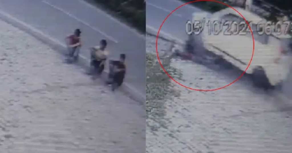 சாலையோரம் அமர்திருந்த மூன்று பேர்…. அதிவேகமாக வந்த கார்…. நொடிப்பொழுதில் நேர்ந்த விபரீதம்…. அதிர வைக்கும் வீடியோ…!!!