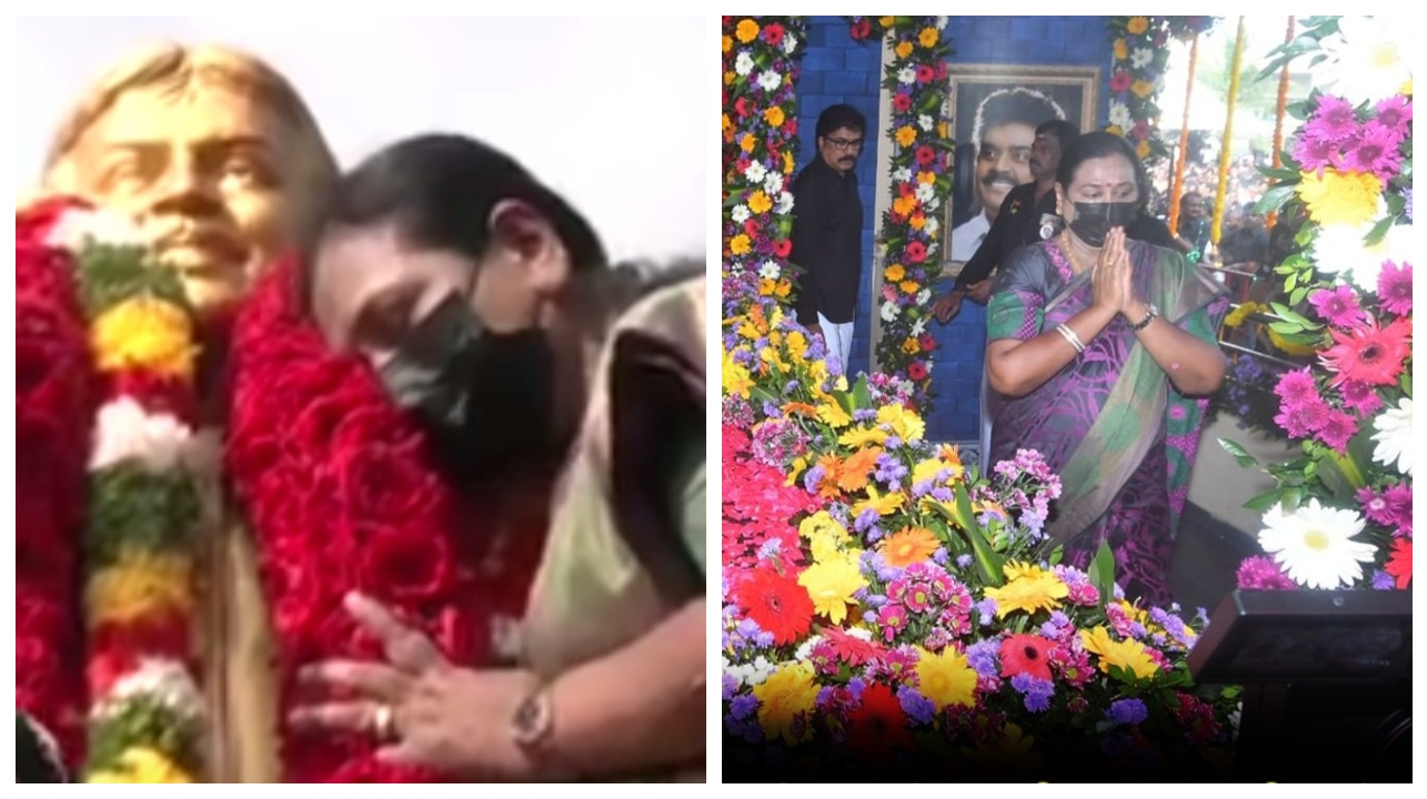 கணவர் சிலையை கட்டிப்பிடித்து கண்ணீர் வடித்த பிரேமலதா விஜயகாந்த்…. உணர்ச்சியில் தேமுதிக தொண்டர்கள்…!!!