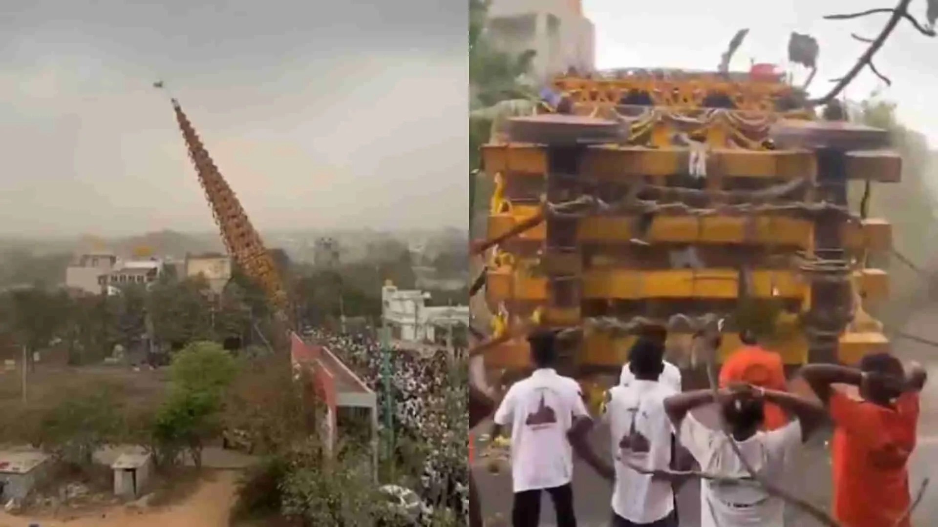 “பிரம்மாண்டமாக நடந்த திருவிழா”… திடீரென காற்று வீசியதால் சரிந்து விழுந்த 150 அடி உயரத்தேர்… 2 பேர் பலி…‌. வைரலாகும் அதிர்ச்சி வீடியோ…!!!