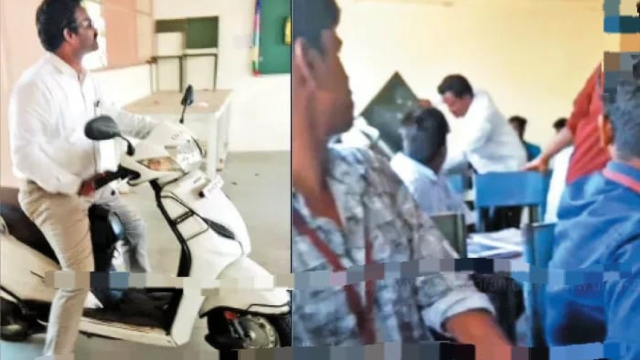 என்ன சார் இது….! “வகுப்பறைக்குள் ஸ்கூட்டி ஓட்டி….” மாணவர்களை நாற்காலியால் தாக்க முயன்ற பேராசிரியர்…. பரபரப்பு சம்பவம்….!!