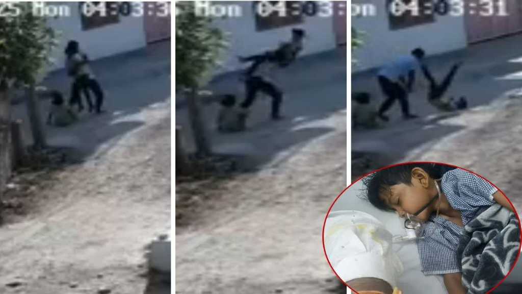 “தெருவில் விளையாடிய போது திடீரென 8 வயது சிறுவனை தூக்கி தரையில் தூக்கி வீசிய வாலிபர்கள்”… உயிருக்கு போராடும் பரிதாபம்… பகீர் வீடியோ..!!