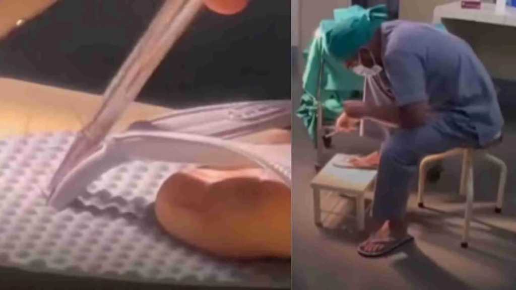 டாக்டர் சார்..!! “இதெல்லாம் ஓவரா இல்லையா”..? ஆப்ரேஷன் செய்யும் ஊசியால் செருப்பு தைத்த கொடுமை… அதுவும் நோயாளி பக்கத்தில் அமர்ந்து… வைரலாகும் வீடியோ..!!!
