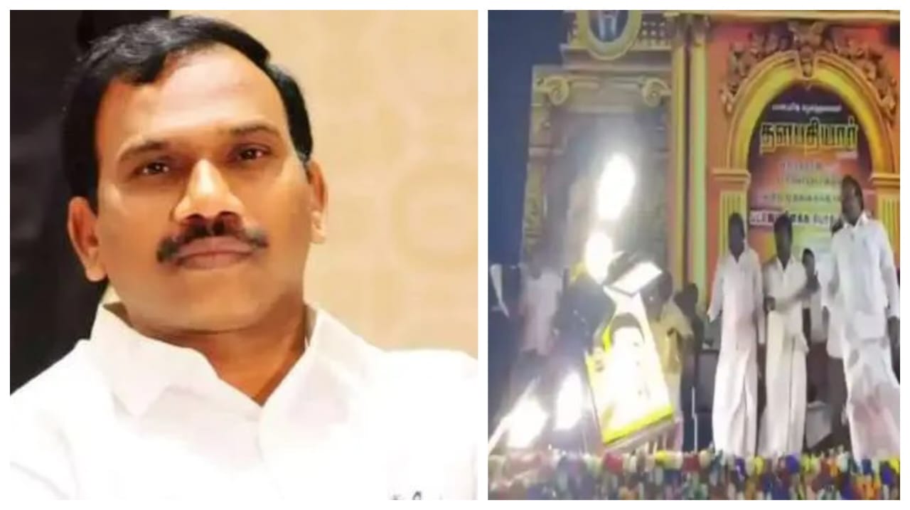 “மேடையில் பேசிக் கொண்டிருந்த திமுக எம்பி ஆ ராசா”… திடீரென சாய்ந்த மின்கம்பம்… நூலிலையில் உயிர் தப்பிய சம்பவம்… வீடியோ வைரல்..!!