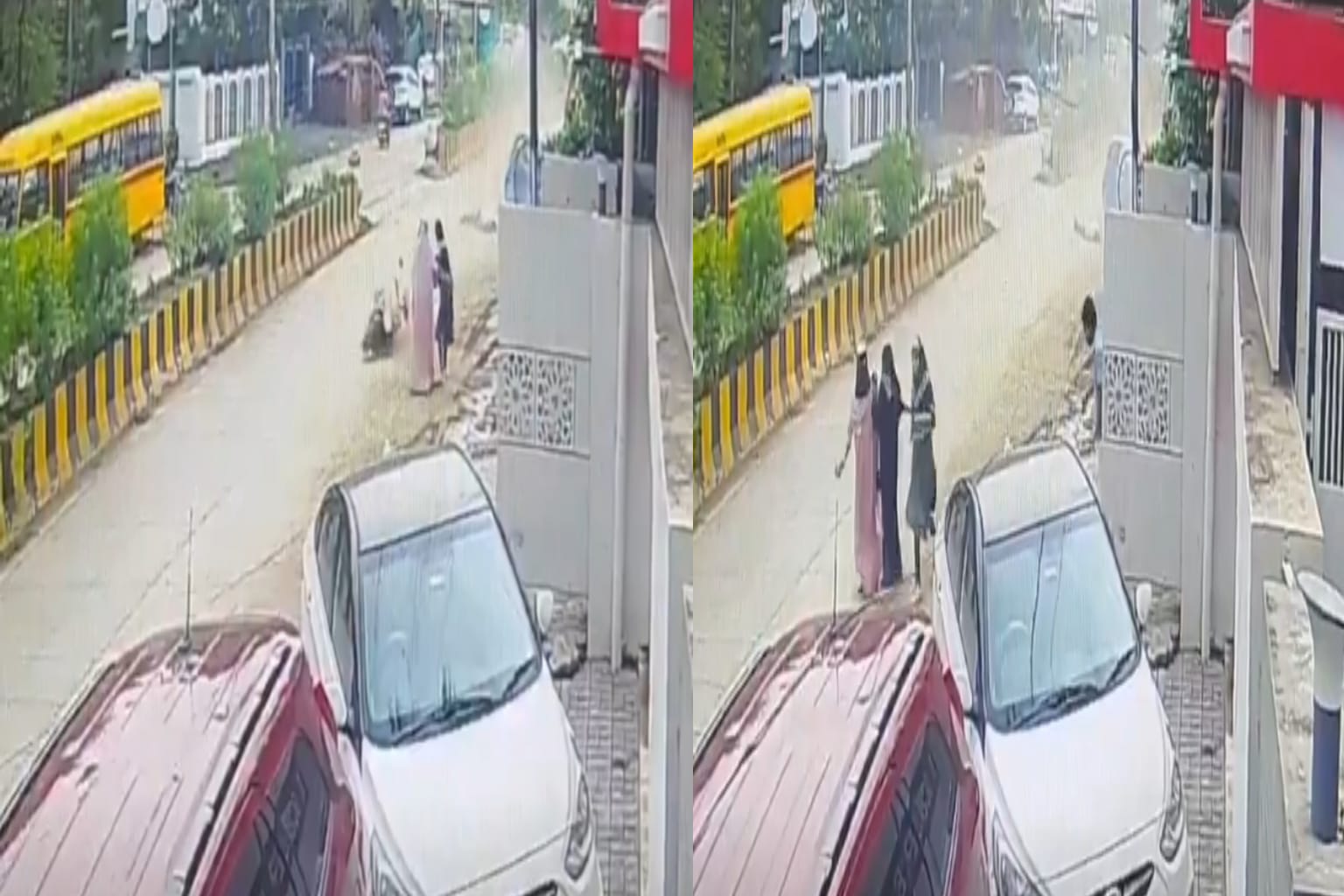 “மோட்டார் சைக்கிளை மோதிய கார்… 3 பெண்கள் சில வினாடியில் உயிர் தப்பினர்..! பதைபதைக்கும் சிசிடிவி காட்சி!”