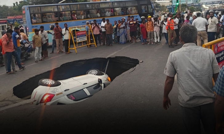 Breaking: நடுரோட்டில் திடீர் பள்ளம்… “காரை மீட்கும் பணி தீவிரம்”.. சென்னை திருவான்மியூரில் பரபரப்பு…!!!