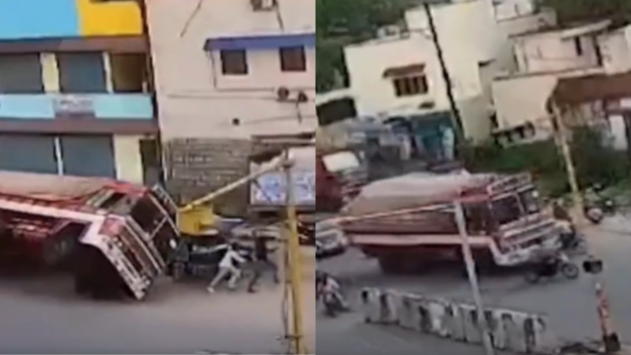 திக் திக் நிமிடங்கள்…! குறுக்கே வந்த பைக்…. மின்னல் வேகத்தில் வந்து கவிழ்ந்த லாரி…. அலறிய மக்கள்…. பதைப்பதைக்கும் வீடியோ….!!