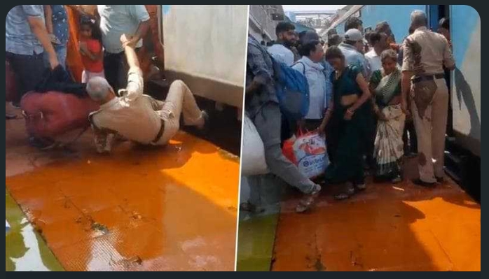 ரயில் நிலையத்தில் சிந்தி கிடந்த கடுகு எண்ணெய்… வழுக்கி விழுந்த பயணிகள் மற்றும் RBF வீரர்கள்…. வைரலாகும் வீடியோ…!!