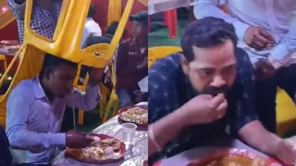 என்ன வேணா நடக்கட்டும்.. நாம சந்தோசமா இருப்போம்.. “மழையில் நனைந்தாலும் சோறு தான் முக்கியம்”… தலையில் சேரை போட்டு… வைரலாகும் வீடியோ…!!