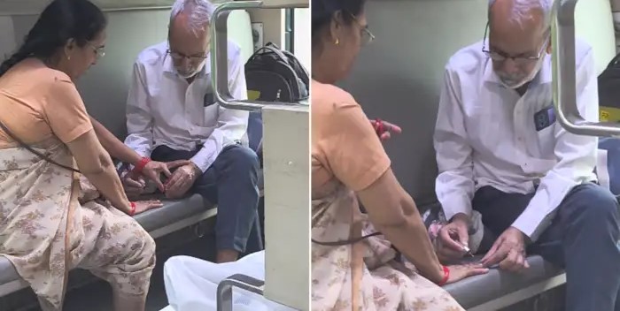 “காதலுக்கு வயதில்லை”…ஓடும் ரயிலில் நிகழ்ந்த நெகிழ வைக்கும் சம்பவம்…  வைரலாகும் வீடியோ..!!