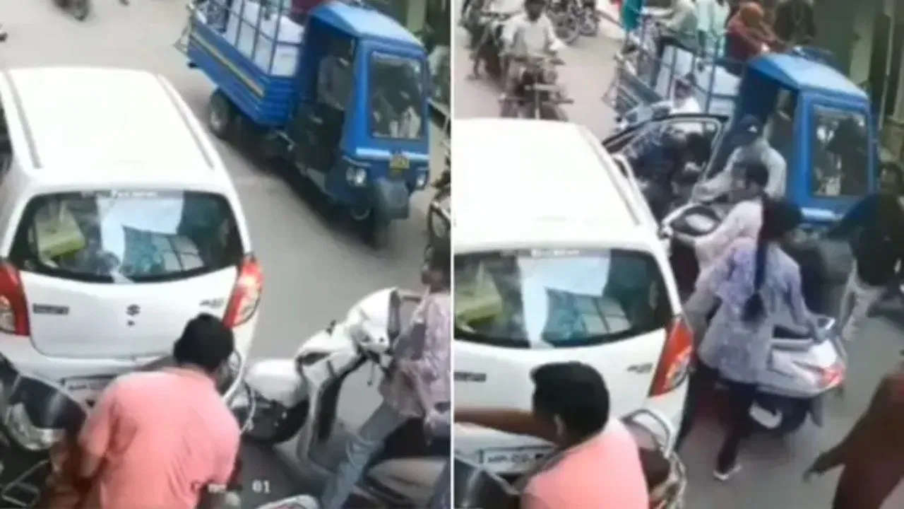 “ஸ்கூட்டியில் சென்ற பெண்”… ஒரே நேரத்தில் அடுத்தடுத்து கார் மற்றும் பைக் மீது மோதி… பதற வைக்கும் வீடியோ..!!