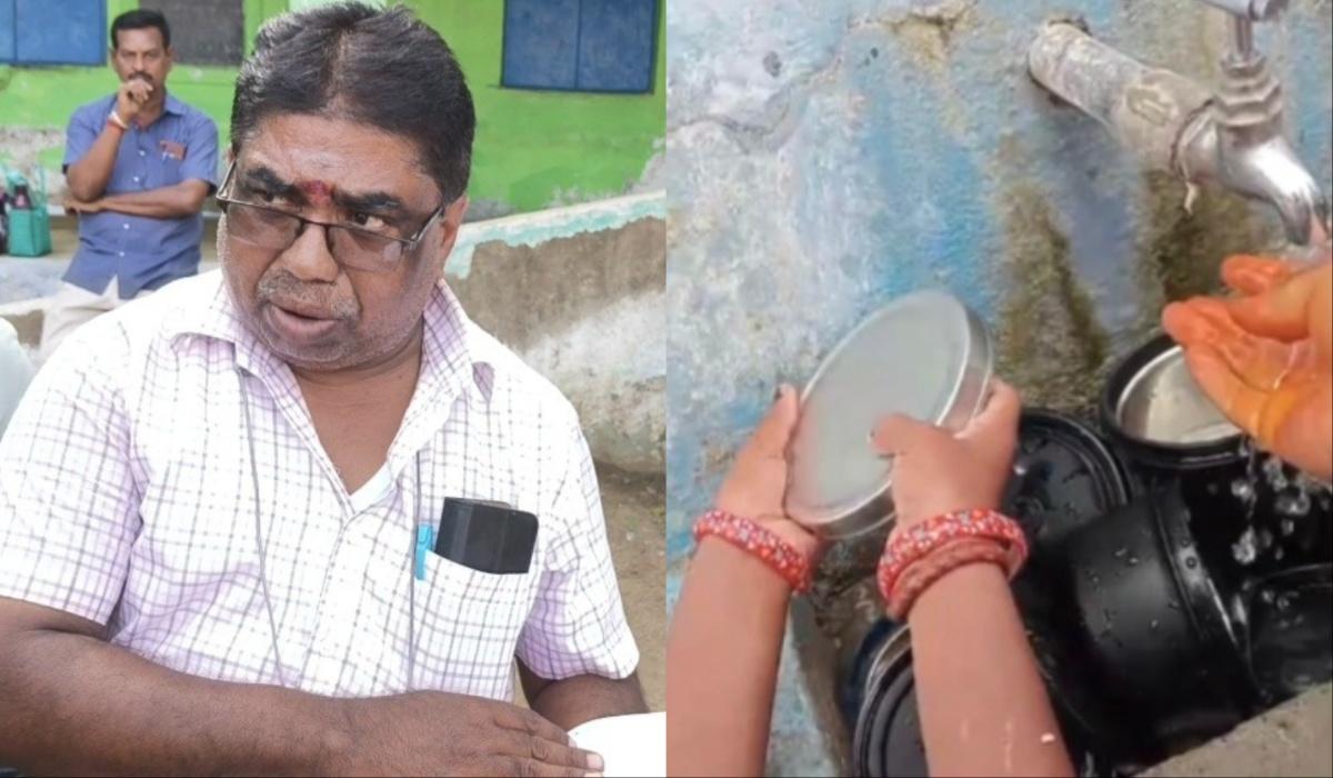 சேலத்தில் பரபரப்பு..! மாணவர்களை எச்சில் டிபன் பாக்ஸை கழுவ வைத்த ஹெட் மாஸ்டர்…. வீடியோ வெளியாகி அதிர்ச்சி…!!!!