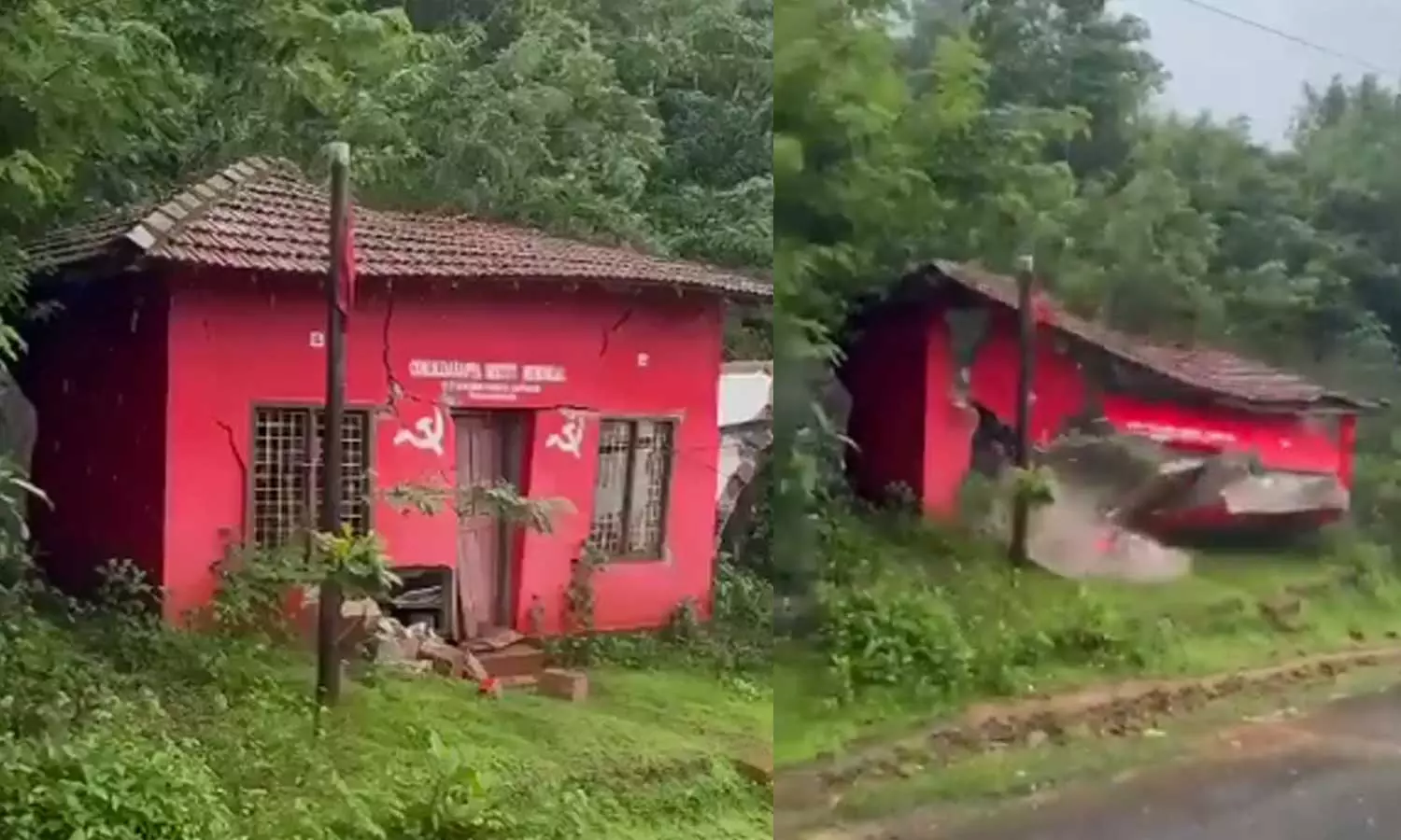 கொட்டித் தீர்க்கும் கனமழை… பொதுமக்கள் கண்முன்னே இடிந்து விழுந்த மார்க்சிஸ்ட்கம்யூனிஸ்ட் கட்சி அலுவலகம்… திக் திக் வீடியோ..!!