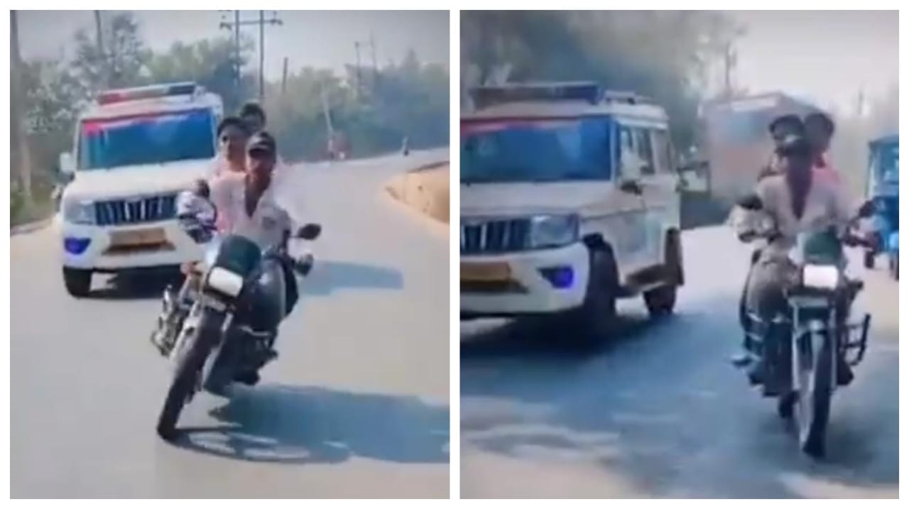 இதெல்லாம் தேவையா குமாரு?…. சாலையில் வாகனத்தை வளைந்து வளைத்து சாகசம் காட்டிய வாலிபர்கள்… மடக்கிப்பிடித்த போலீஸ்… வைரலாகும் வீடியோ…!!!