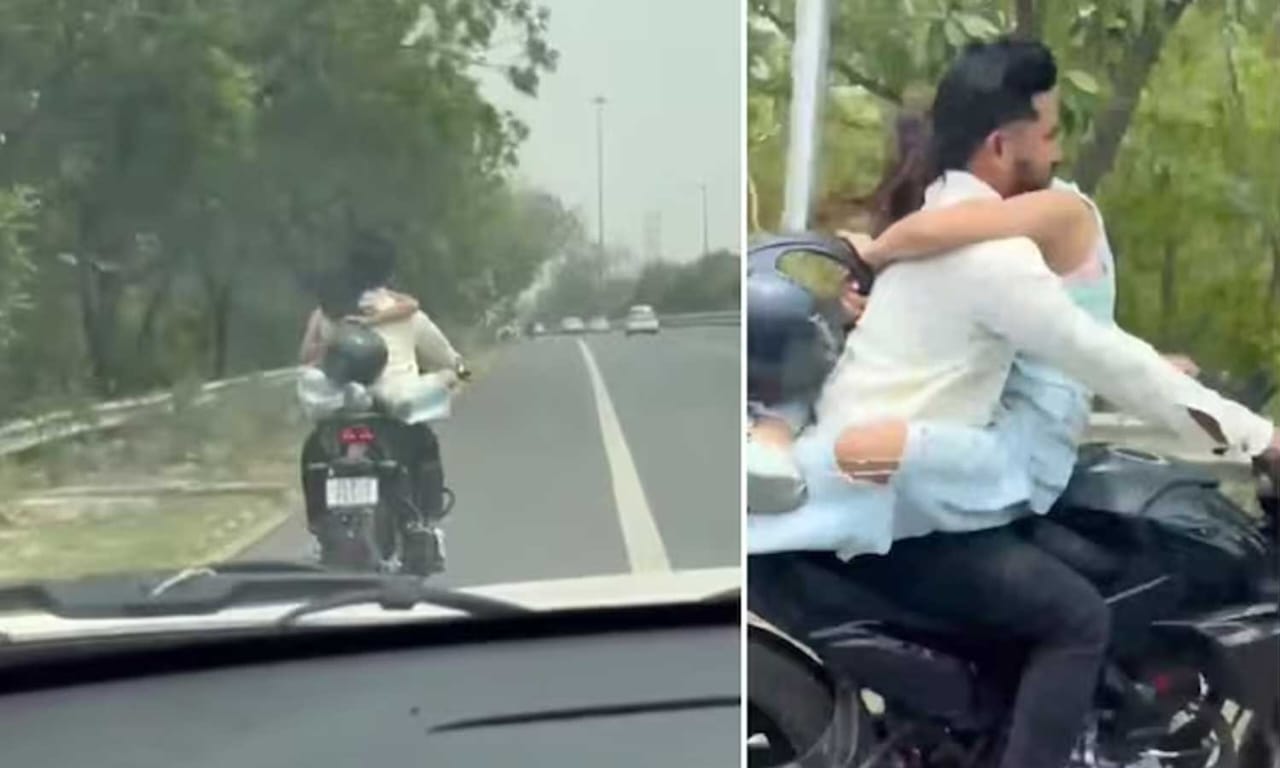 நடுரோட்டில் பைக்கில் சென்றபடியே காதலனை கட்டிப்பிடித்து அத்துமீறிய இளம்பெண்.. ரொமன்ஸ் செய்ற இடமா இது..? வைரலான வீடியோ… ரூ.53,500 அபராதம் விதித்த போலீஸ்….!