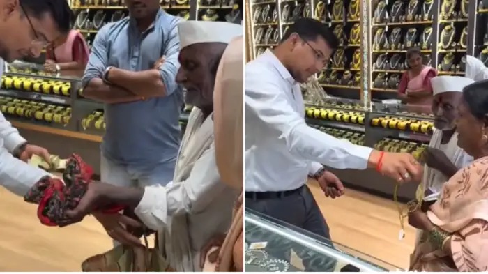“தாலி வாங்க கடைக்கு சென்ற வயதான தம்பதி”…. சில்லறை பணத்தை எண்ணி எண்ணி… இது வேண்டாம், ஆசீர்வாதம் மட்டும் போதும்… இந்த காலத்தில் இப்படி ஒரு மனிதரா..? நெகிழ்ச்சி வீடியோ..!!