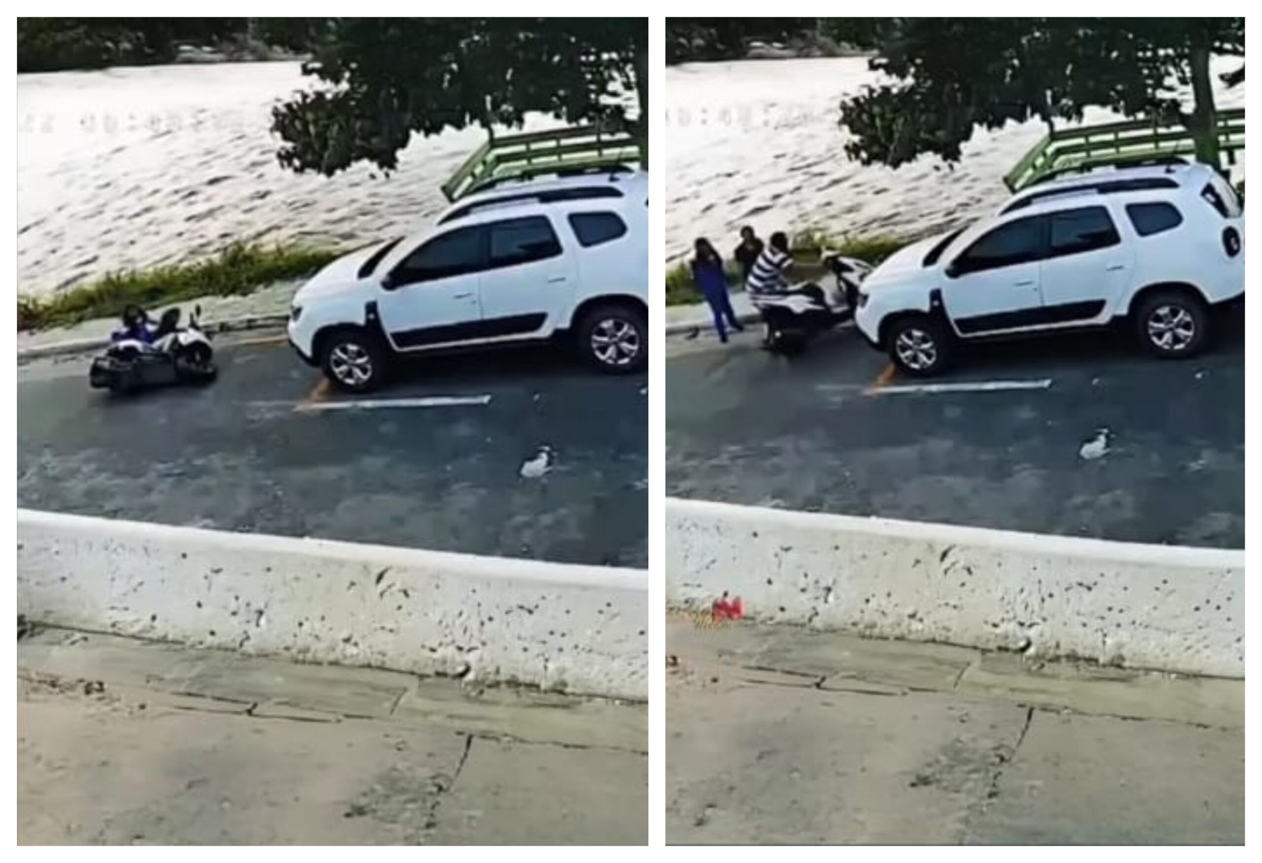 பைக்கில் இருந்து கீழே விழுந்த பெண்கள்… உதவ வந்து பைக்குடன் தண்ணீரில் பாய்ந்த நபர்… வைரலாகும் வீடியோ…!!