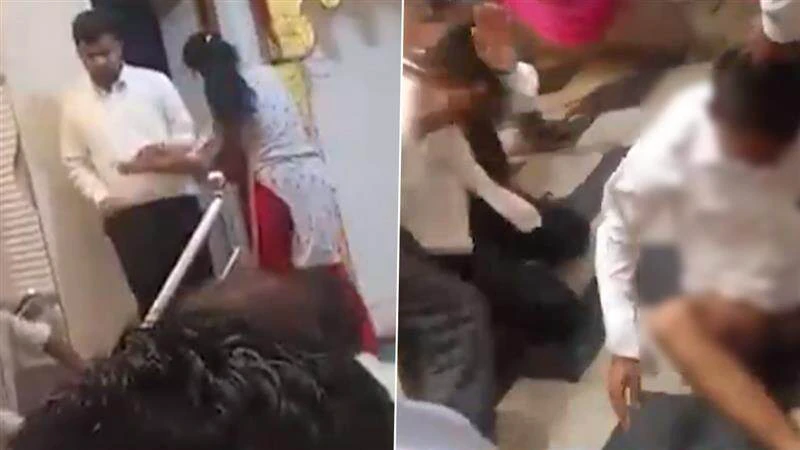 வேற ஒரு பொண்ணு கேட்குதா…? மாப்பிள்ளையை செருப்பால் அடித்து….! மண்டபத்திற்கு வந்த முதல் மனைவி…. குழம்பிய உறவினர்கள்…. வைரலாகும் வீடியோ…!!