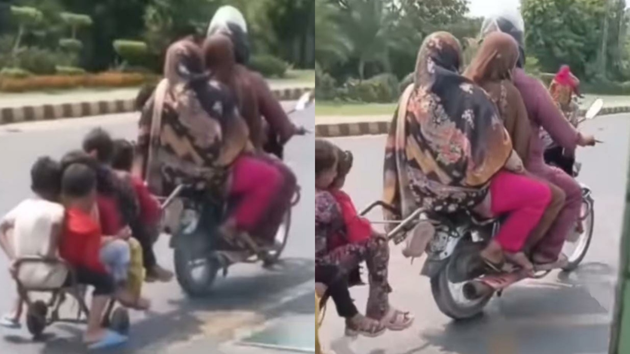 புதுசு புதுசா கண்டுபிடிக்கிறாங்கப்பா….! ஒரே பைக்கில் 10 பேர்…. பின்னாடி அம்புட்டும் குழந்தைகள் தான்…. அதிர்ச்சியூட்டும் வீடியோ வைரல்….!!