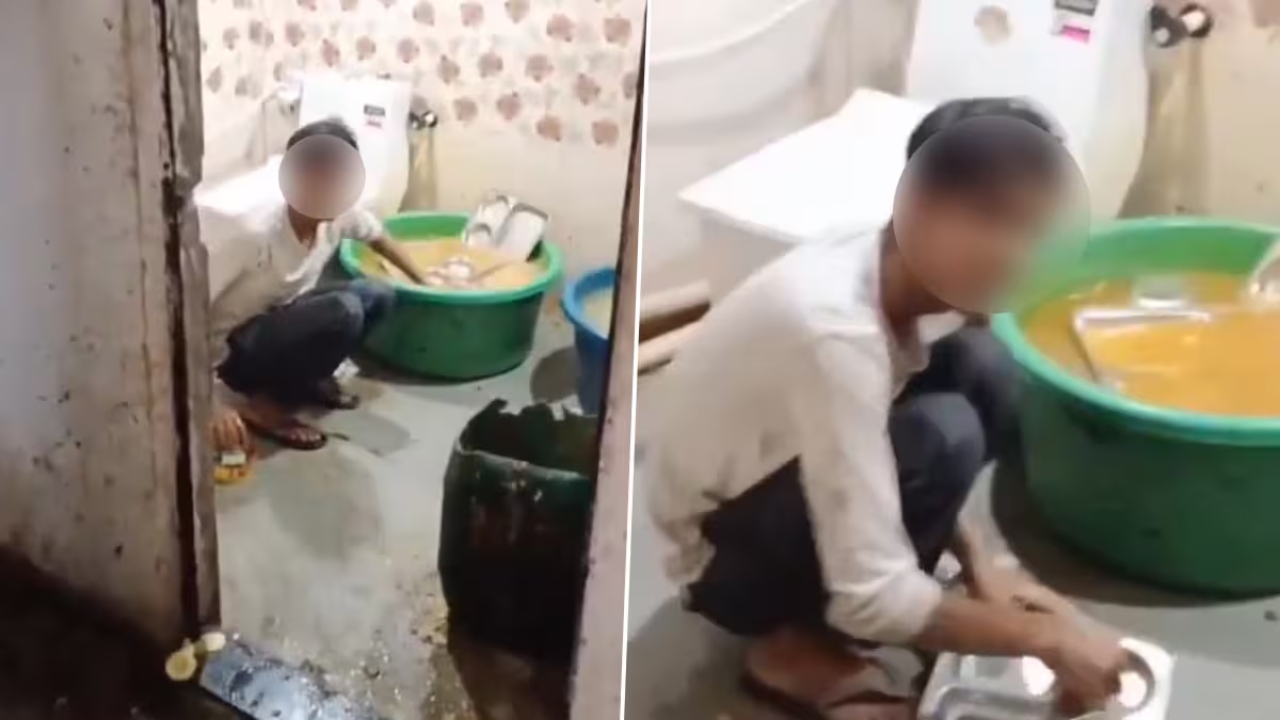 சீச்சீ….! கழிவறையில் பாத்திரங்களை கழுவும் ஹோட்டல் ஊழியர்…. ஷாக்கான நெட்டிசன்கள்…. கொந்தளிப்பை கிளப்பிய வீடியோ….!!