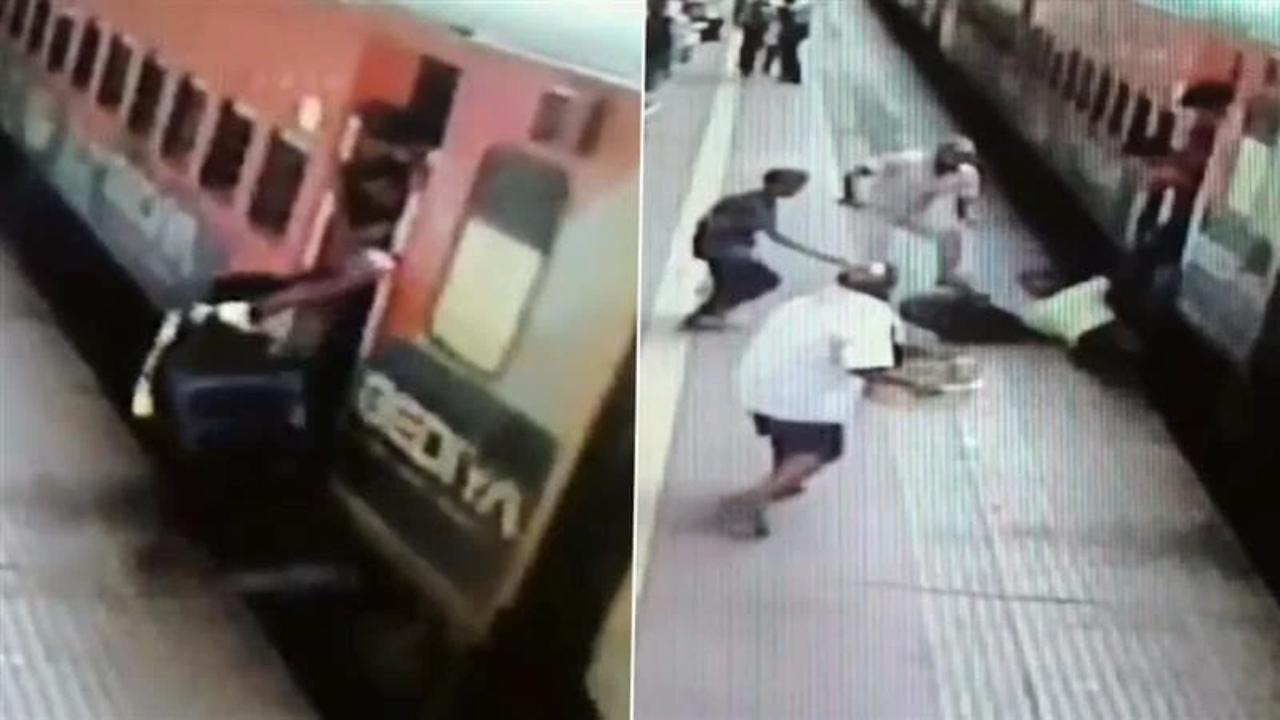 “ரயிலுக்கும், நடைமேடைக்கும் இடையே ஊசலாடிய உயிர்….” அலறிய பயணிகள்….! ஹீரோ போல வந்த கான்ஸ்டபிள்…. இணையத்தில் வைரலாகும் வீடியோ….!!