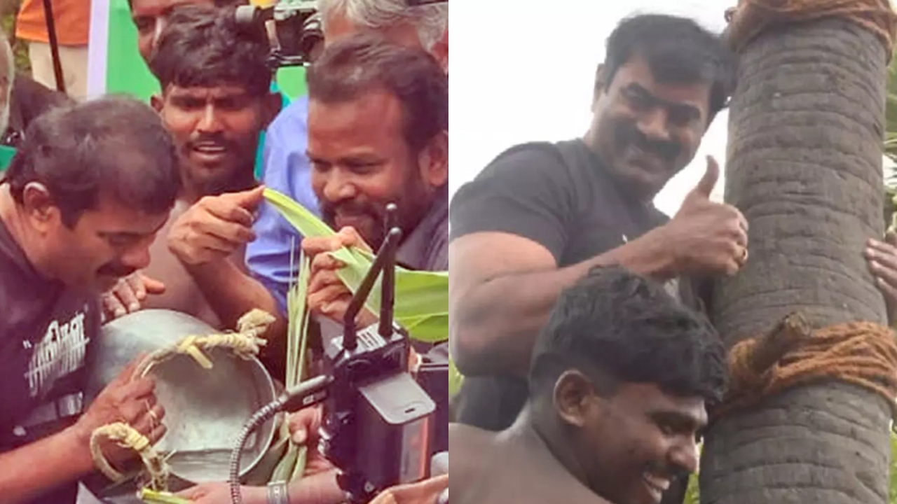 பரபரப்பு….! பனை மரத்தில் ஏறி கள் இறக்கி போராட்டத்தில் ஈடுபட்ட நாதக ஒருங்கிணைப்பாளர் சீமான்…. வைரலாகும் வீடியோ….!!