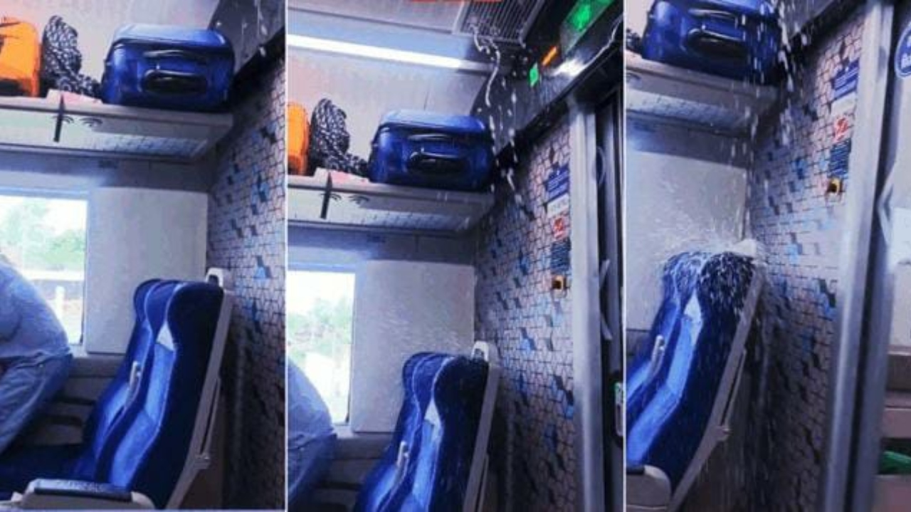 வந்தே பாரத் ரயிலில் செயலிழந்த ஏசி…. இருக்கையில் தண்ணீர் கொட்டி அவதிப்பட்ட பயணிகள்…. அதிர்ச்சியூட்டும் வீடியோ வைரல்….!!