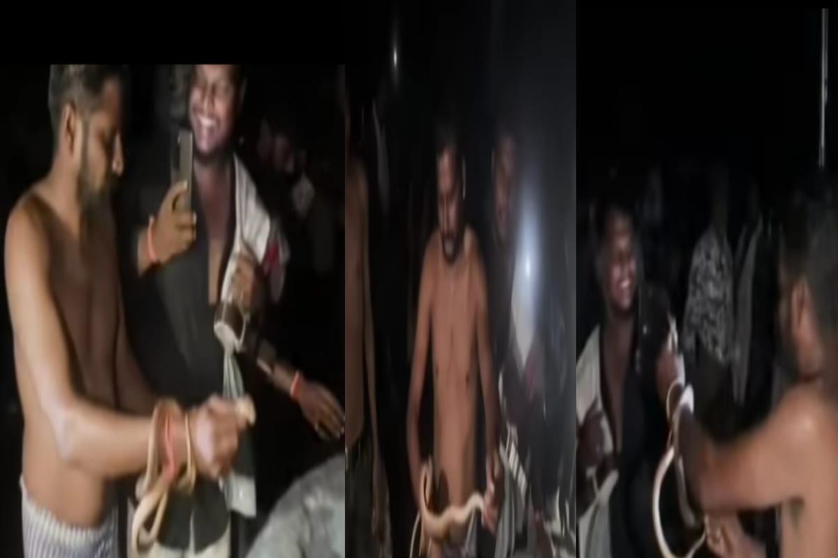 அடியாத்தி…! சுற்றுலா பயணியின் கையை சுற்றி கொண்ட பாம்பு…. அலறியடித்து ஓடிய மக்கள்…. பதைப்பதைக்கும் வீடியோ….!!