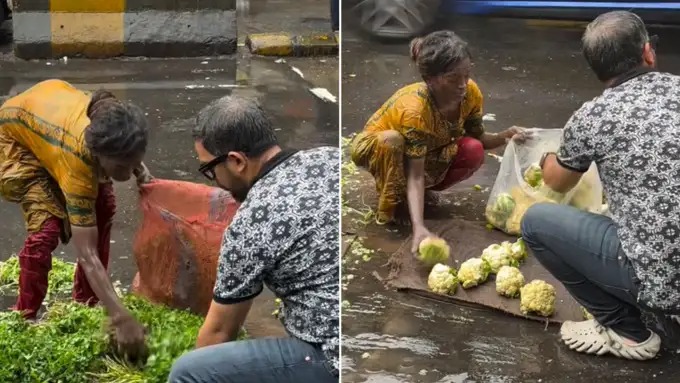 “கொட்டும் மழையிலும் சாலையில் காய்கறிகள் விற்ற பெண்”… ஒருத்தர் கூட கண்டுக்கல… கடவுள் போல வந்து உதவிய நபர்.. இதுதாங்க மனித நேயம்… கலங்க வைக்கும் வீடியோ..!!!