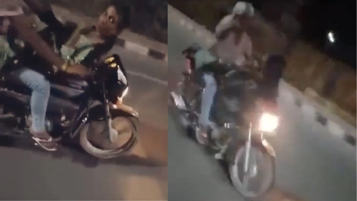 அடச்சீ.‌! “ரொமன்ஸ் பண்ண வேற இடமே கிடைக்கலையா”…? நடு ரோட்டில் பைக் ஓட்டிய காதலன்… காதலி செய்த அசிங்கம்… வைரலாகும் அதிர்ச்சி வீடியோ..!!!