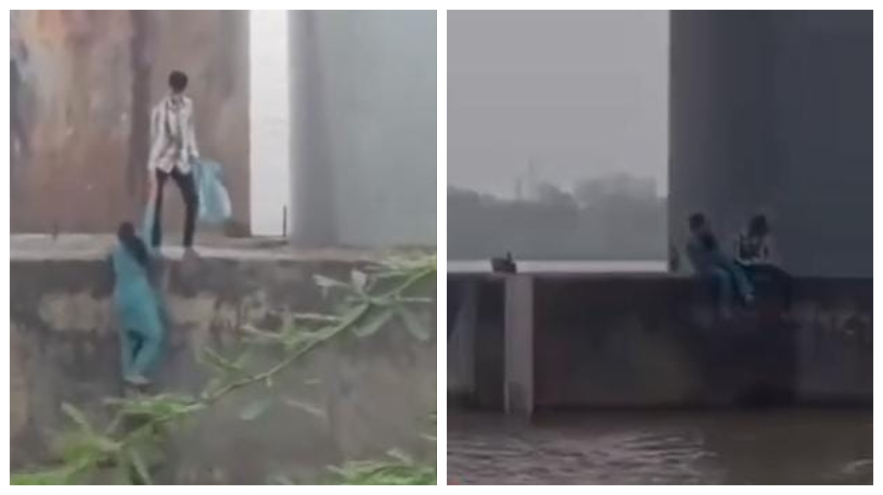 காதல் ஜோடியின் அட்ராசிட்டி…. உங்களுக்கு லவ் பண்ண வேற இடமே கிடைக்கலையா?… உயிரைப் பொருட்படுத்தாமல் ஆற்றுக்கு இடையே… அதிர்ச்சி சம்பவம்..!!