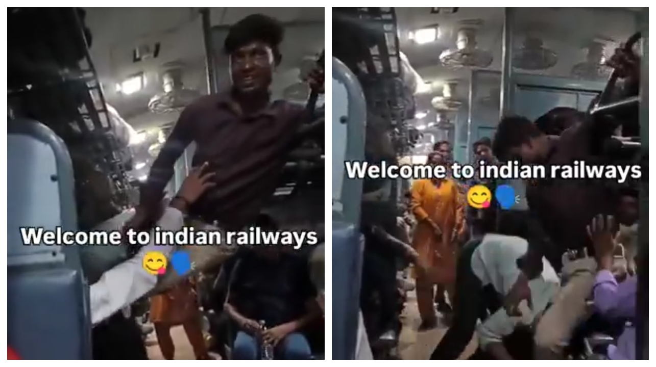 ரயிலில் ஒரு சீட்டுக்காக மோதல்…. மாறி மாறி சரமாரியாக தாக்கி கொண்ட இரு பயணிகள்… வைரலாகும் அதிர்ச்சி வீடியோ…!!!