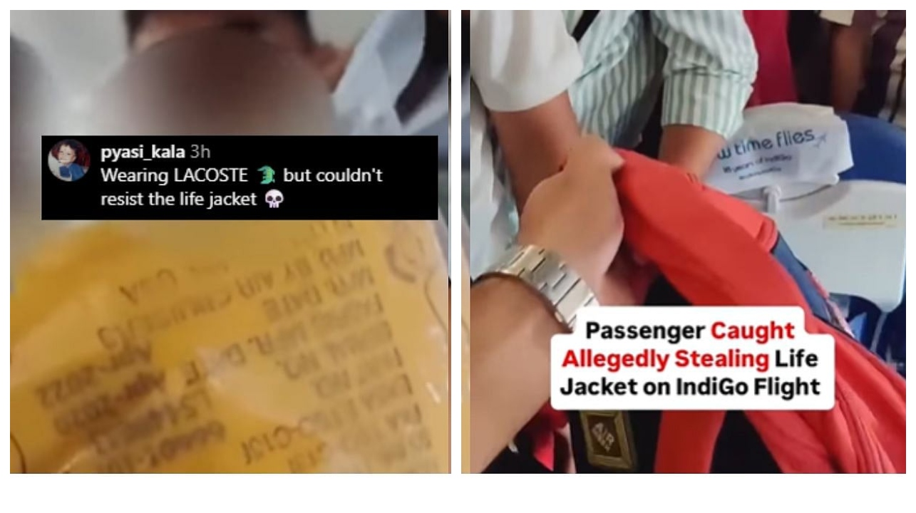 இத கூட விட்டு வைக்க மாட்டீங்களா…. இண்டிகோ விமானத்தில் லைஃப் ஜாக்கெட்டை திருடிய பயணி… வைரலாகும் வீடியோ…!!!