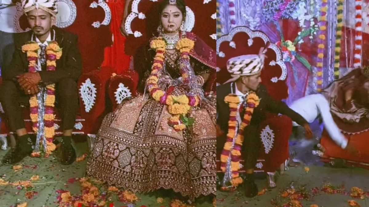அடக்கடவுளே..!”மணமேடையில் திடீரென சோபாவில் இருந்து பல்டி அடித்த மணமகள்”… கண்டுகொள்ளாமல் இருந்த மணமகன்… பதட்டமே இல்ல… வைரலாகும் வீடியோ…!!
