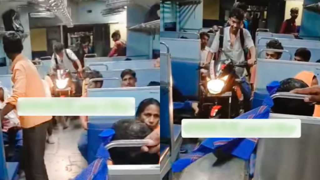 அடப்பாவி..! Bike ஓட்ற இடமா இது… ஓடும் ரயிலில் பைக் ஓட்டிய வாலிபர்.. வாயடைத்துப்போன பயணிகள்… அதிர்ச்சி வீடியோ.!!!