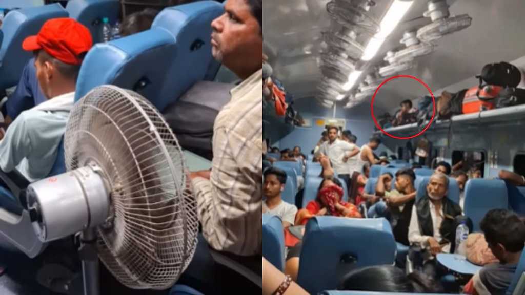 இது புது ஐடியாவா இருக்கே.! ரயிலில் டேபிள் ஃபேன் வைத்து பயணிக்கும் பயணி… வைரலாகும் விசித்திர வீடியோ..!!