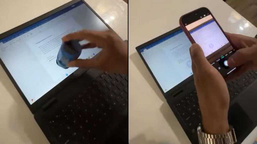 அவரு ரொம்ப புத்திசாலியாம்..! “லேப்டாப்பில் சீல் அடித்து போனில் ஆவணத்தை ரெடி செய்த நபர்”..இதுக்கு ஏன் டேமேஜ் பண்ணனும்.. கேலிக்குள்ளான வீடியோ..!!!